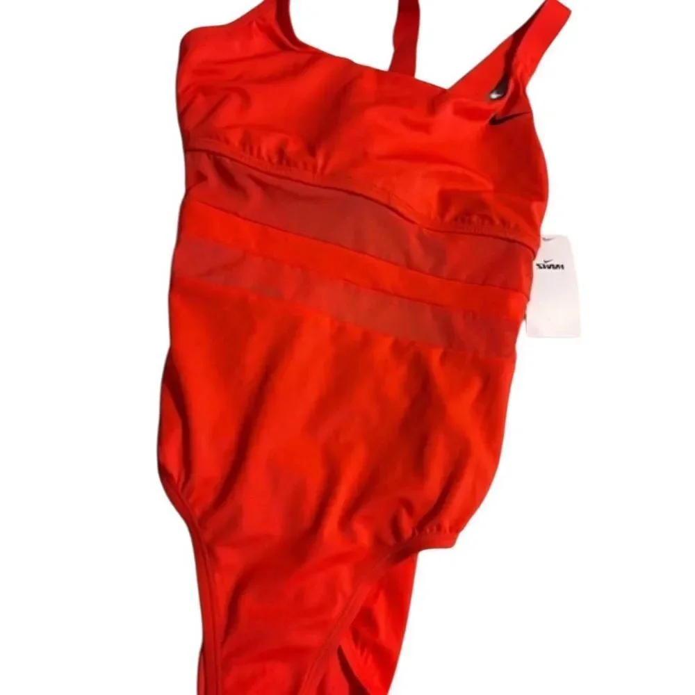 Nike Swim Solid Mesh V- Back One Piece Red Competition Swimwear Racing L - Picture 3 of 7